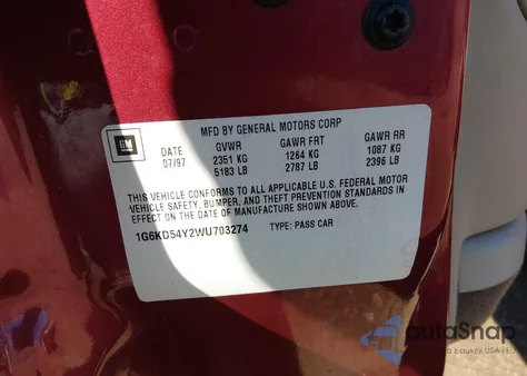 1998 Cadillac Deville Standard z USA, uszkodzony, nr VIN 1G6KD54Y2WU703274